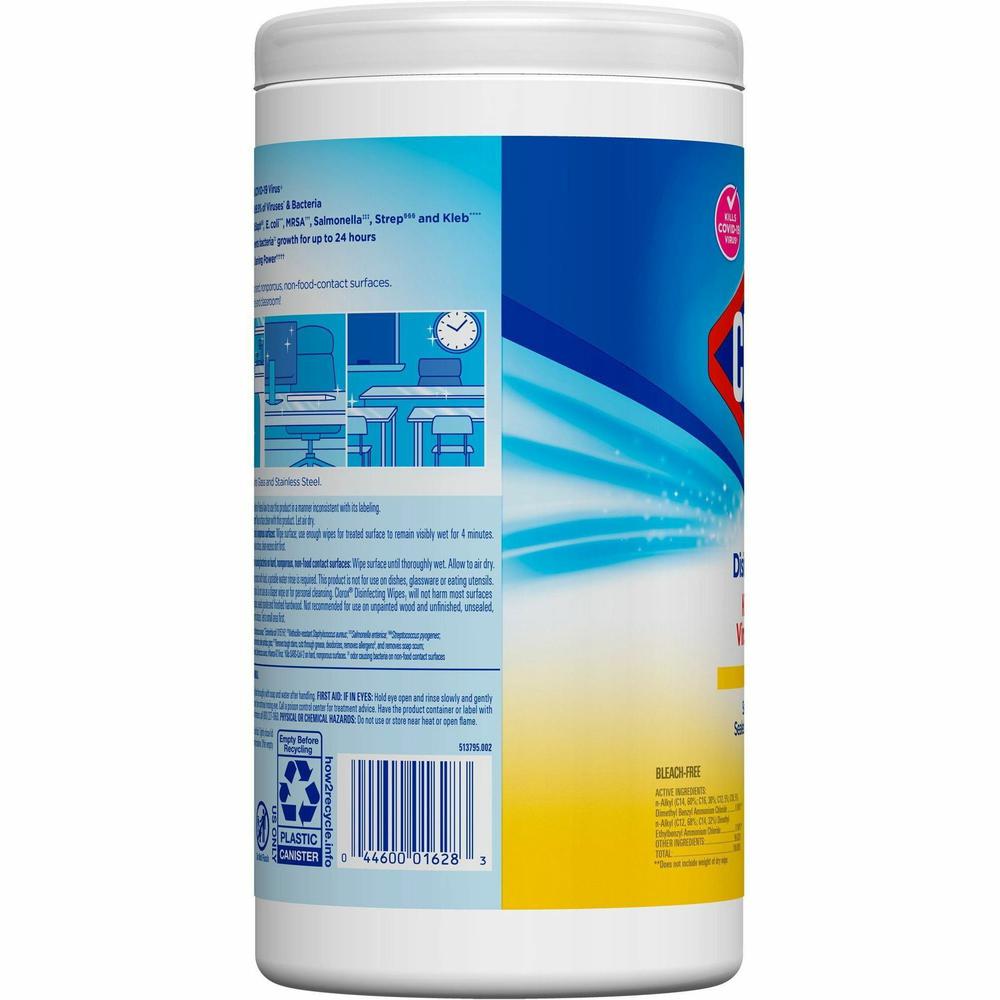 Clorox Disinfecting Cleaning Wipes Value Pack - Bleach-free - Ready-To-Use - Crisp Lemon Scent - 75 / Can - 6 / Carton - Anti-bacterial - White. Picture 9