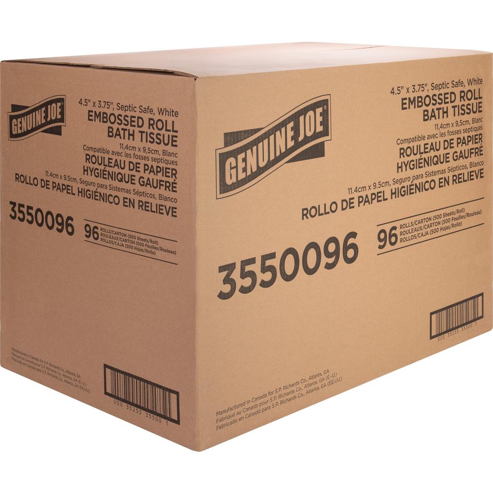 Genuine Joe 2-ply Bath Tissue - 2 Ply - 4.50" x 3.80" - 500 Sheets/Roll - White - Fiber - 96 / Carton. Picture 6