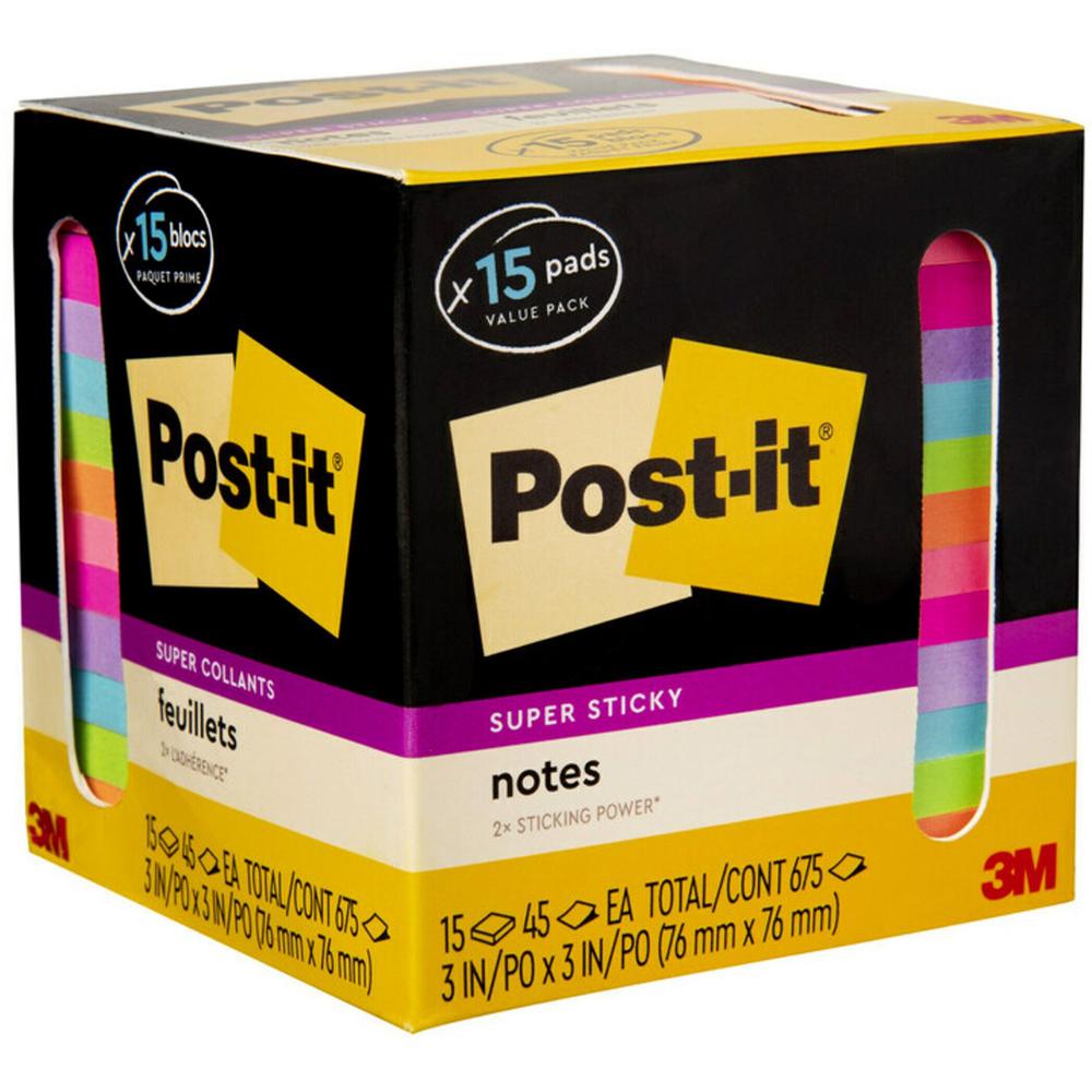 Post-it&reg; Super Sticky Notes - 15 - 3" x 3" - Square - 45 Sheets per Pad - Neon Orange, Tropical Pink, Power Pink, Iris, Blue Paradise, Neon Green Limeade - Adhesive, Recyclable - 15 / Pack. Picture 9
