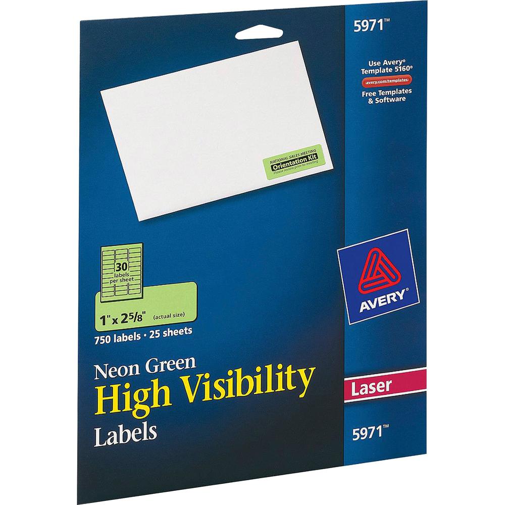 Avery&reg; Shipping Labels - 1" Width x 2 5/8" Length - Permanent Adhesive - Rectangle - Laser - Neon Green - Paper - 30 / Sheet - 25 Total Sheets - 750 Total Label(s) - 750 / Pack. Picture 5