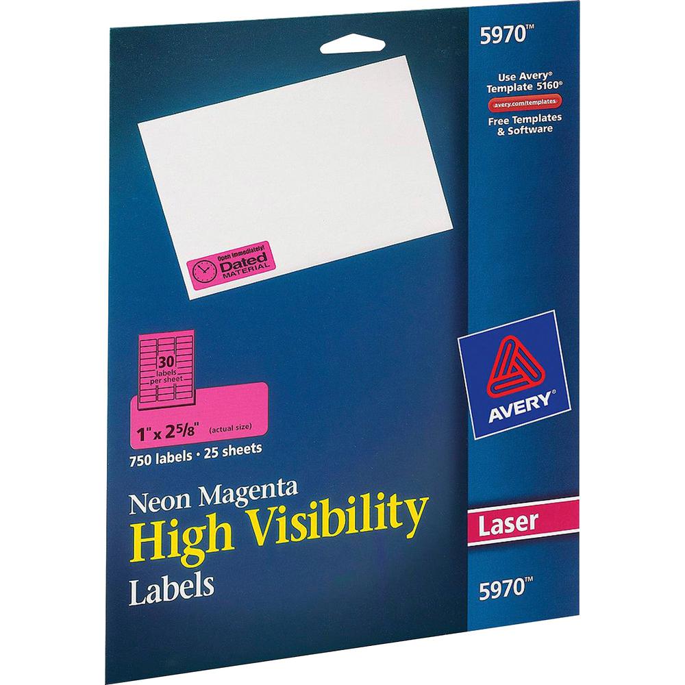 Avery&reg; Shipping Labels - 1" Width x 2 5/8" Length - Permanent Adhesive - Rectangle - Laser - Neon Magenta - Paper - 30 / Sheet - 25 Total Sheets - 750 Total Label(s) - 750 / Pack. Picture 7