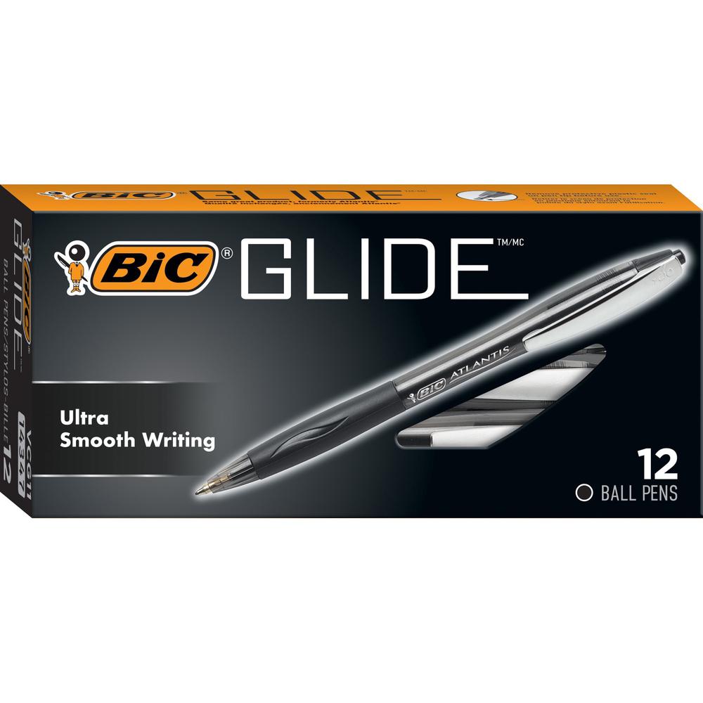 BIC Glide Retractable Pens - Medium Pen Point - 1 mm Pen Point Size - Conical Pen Point Style - Retractable - Black - Clear Barrel - 1 Dozen. Picture 3