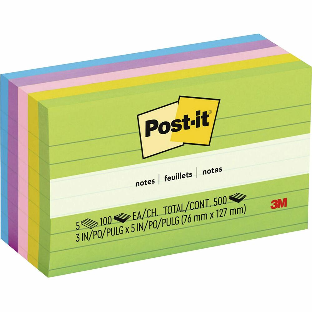 Post-it&reg; Notes Original Lined Notepads - Floral Fantasy Color Collection - 500 - 3" x 5" - Rectangle - 100 Sheets per Pad - Ruled - Limeade, Citron, Positively Pink, Iris Infusion, Blue Paradise -. Picture 5