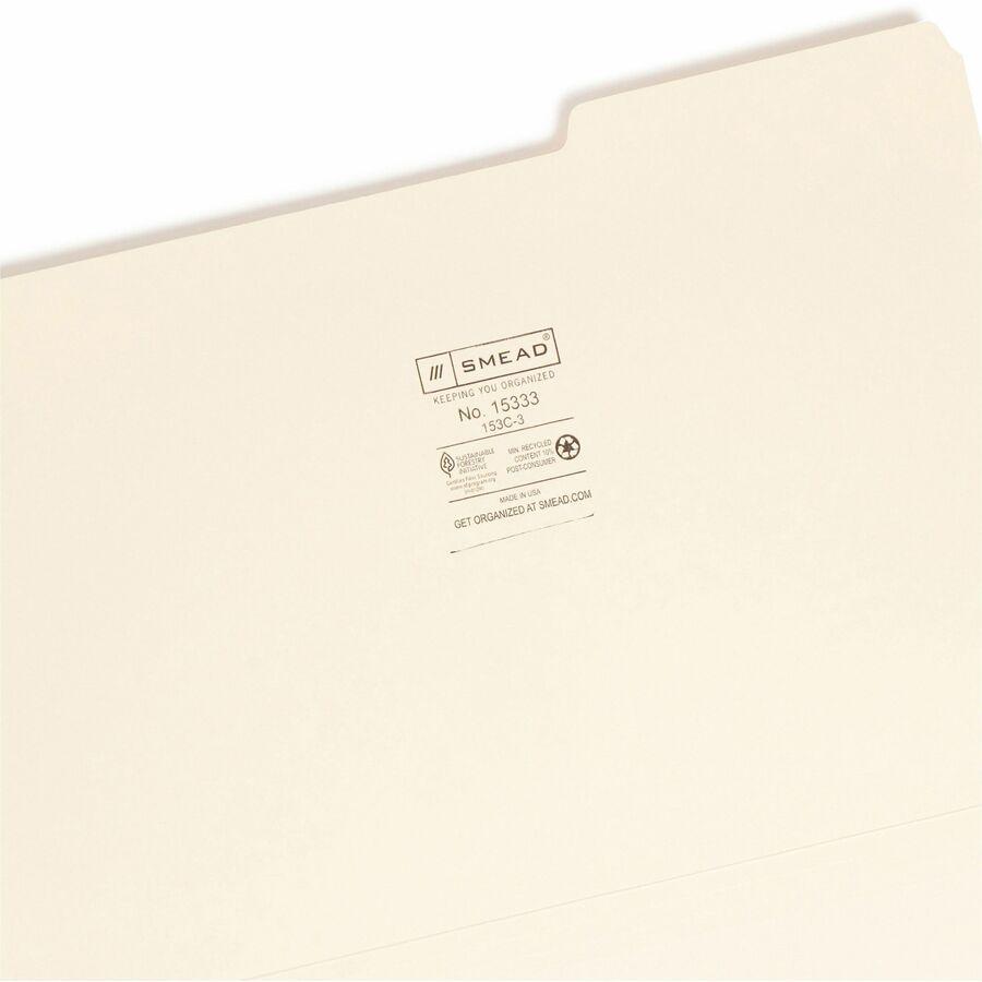 Smead 1/3 Tab Cut Legal Recycled Top Tab File Folder - 8 1/2" x 14" - 3/4" Expansion - Top Tab Location - Third Tab Position - Manila - 10% Recycled - 100 / Box. Picture 10
