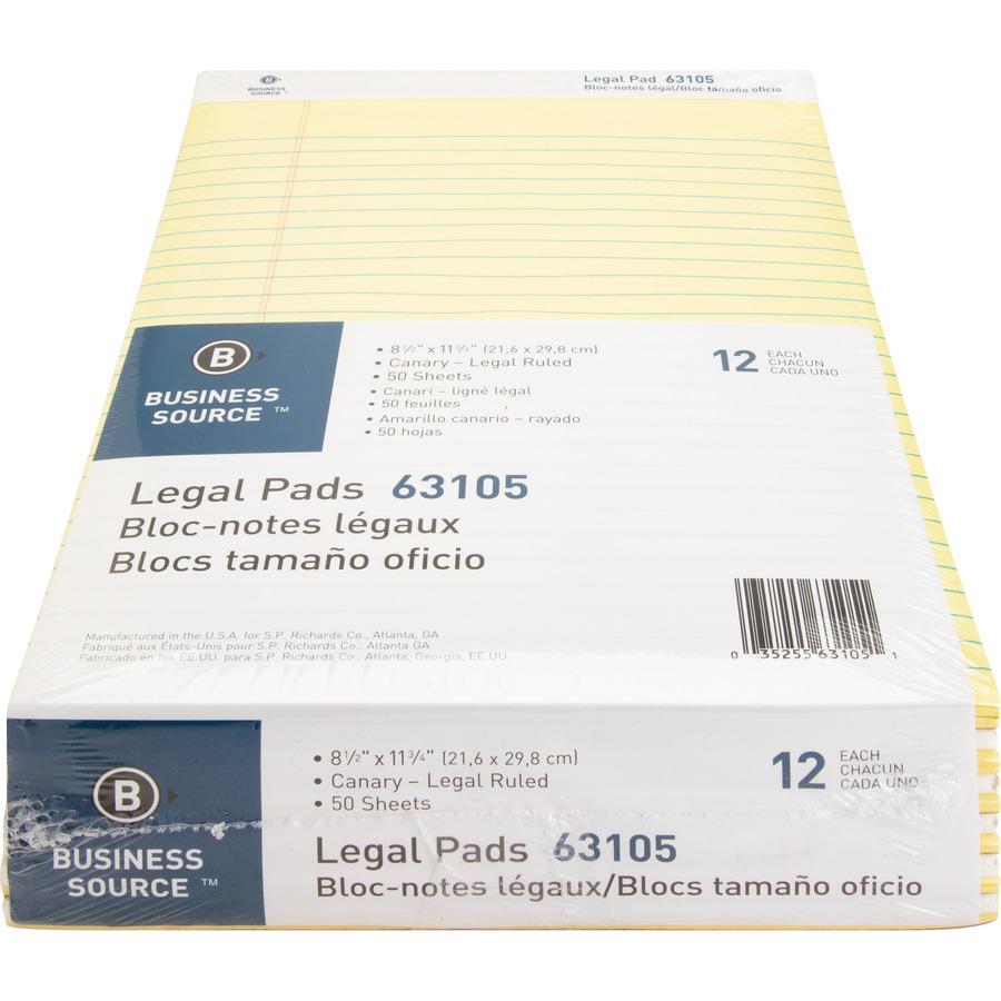 Business Source Micro-Perforated Legal Ruled Pads - 50 Sheets - 0.34" Ruled - 16 lb Basis Weight - 8 1/2" x 11 3/4" - Canary Paper - Micro Perforated, Easy Tear, Sturdy Back - 1 Dozen. Picture 3