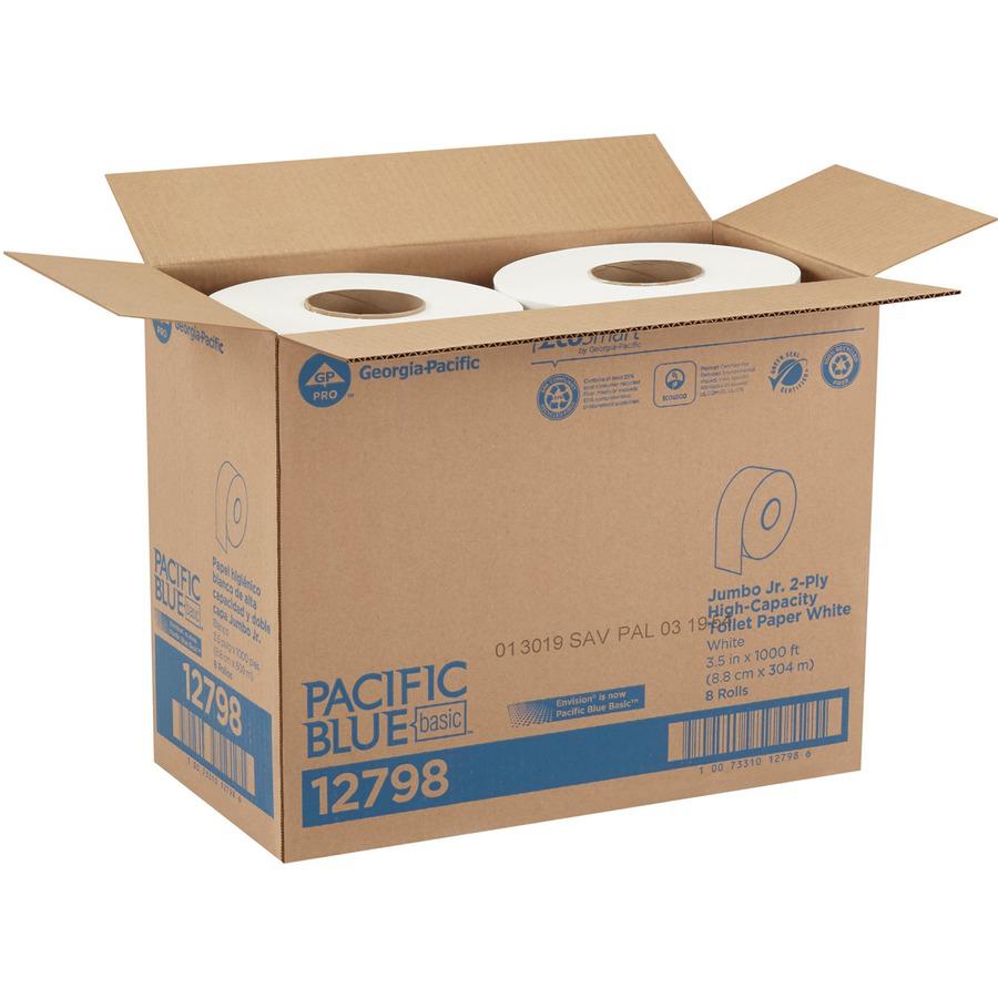 Pacific Blue Basic Jumbo Jr. High-Capacity Toilet Paper - 2 Ply - 3.50" x 1000 ft - White - Fiber - 8 / Carton. Picture 3