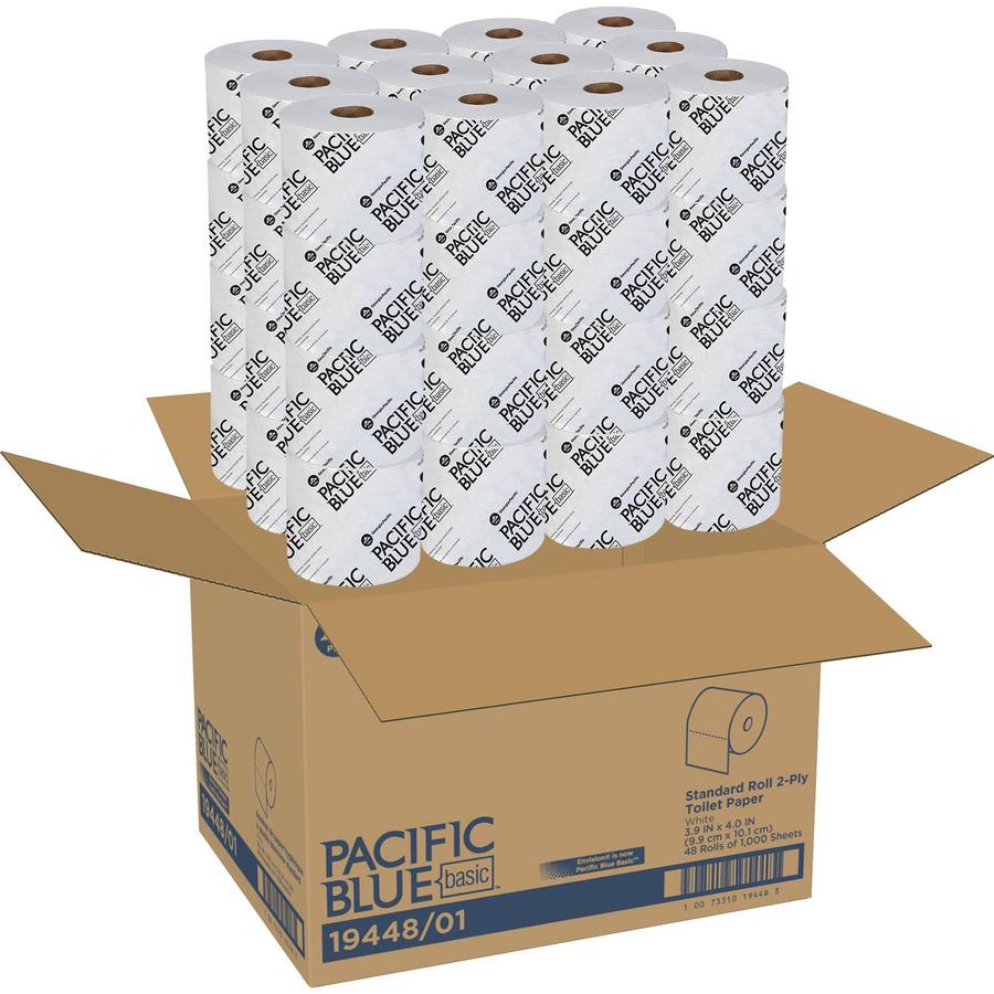 Pacific Blue Basic Standard Roll Toilet Paper - 3.95" x 4.05" - 1000 Sheets/Roll - White - 48 / Carton. Picture 3