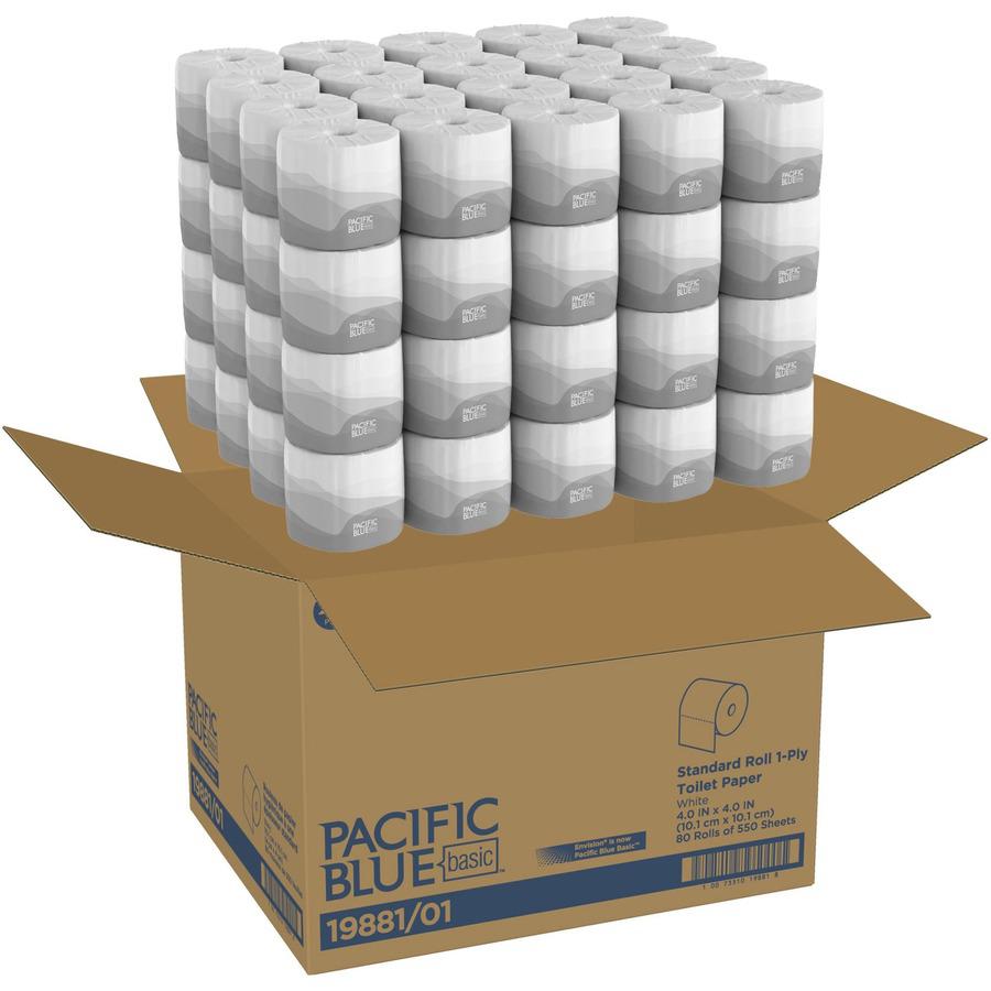 Pacific Blue Basic Standard Roll Toilet Paper - 2 Ply - 4" x 4" - 550 Sheets/Roll - White - 80 / Carton. Picture 3