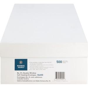 Business Source Double Window No. 8-5/8 Check Envelopes - Double Window - #8 5/8 - 8 5/8" Width x 3 5/8" Length - 24 lb - Self-sealing - 500 / Box - White. Picture 7