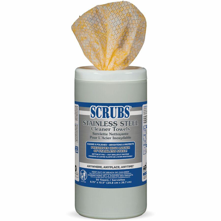 SCRUBS Stainless Steel Cleaner Wipes - For Stainless Steel, Aluminum, Chrome, Copper, Brass, Bathroom, Elevator, Kitchen - Citrus Scent - 10.50" Length x 9.75" Width - 30 / Canister - 1 Each - Corrosi. Picture 4