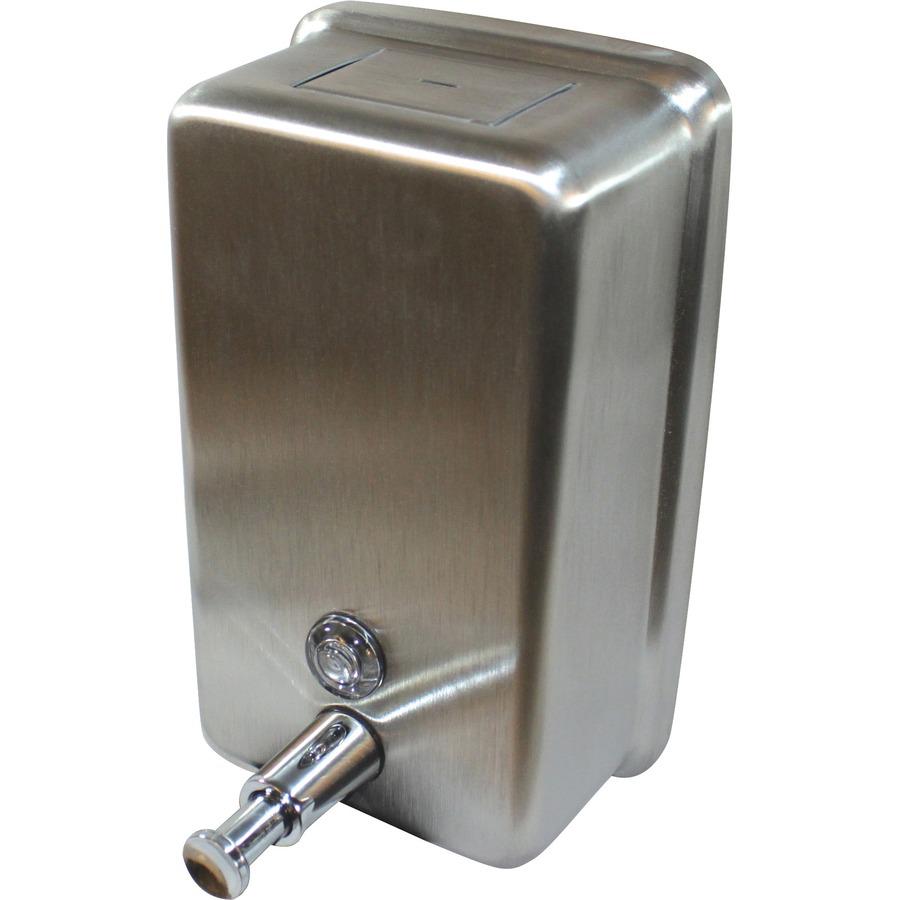 Genuine Joe Stainless Vertical Soap Dispenser - Manual - 1.25 quart Capacity - Stainless Steel - 24 / Carton. Picture 3