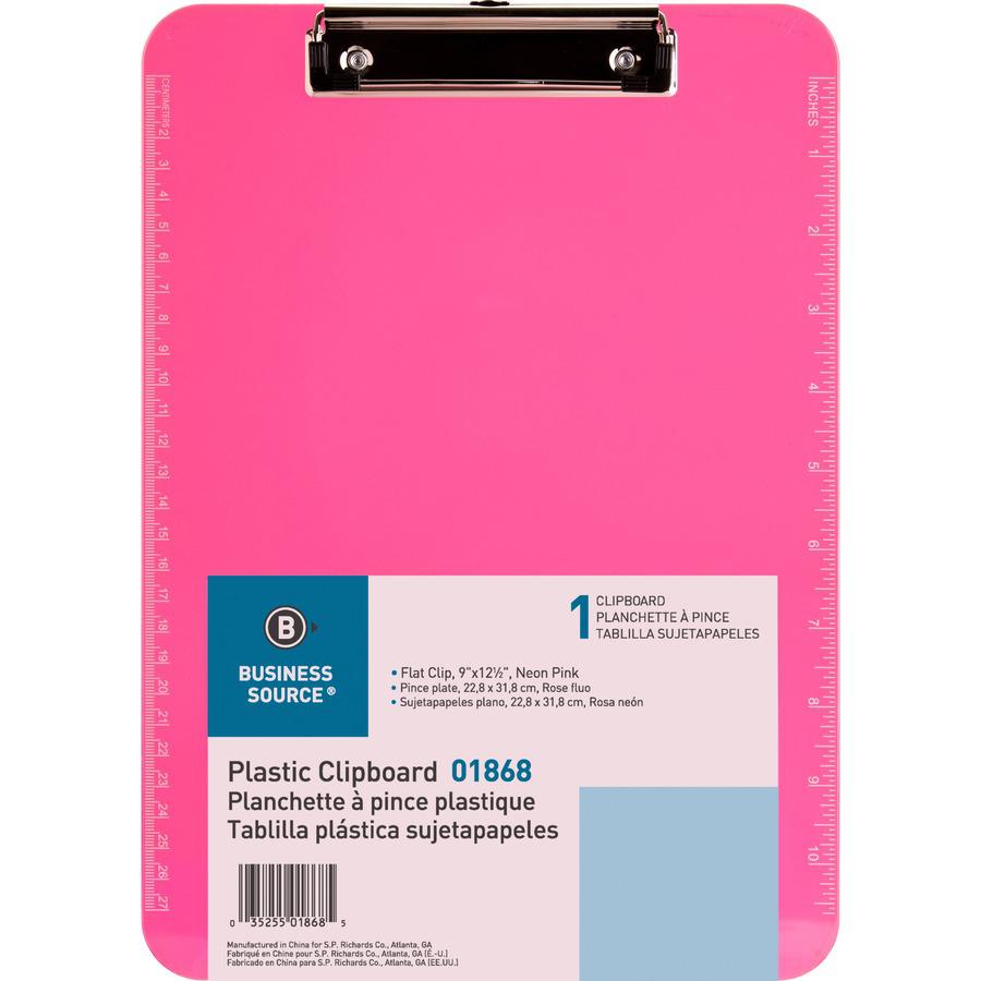 Business Source Flat Clip Clipboard - 9" x 12" - Plastic - Neon Pink - 6 / Bundle. Picture 3