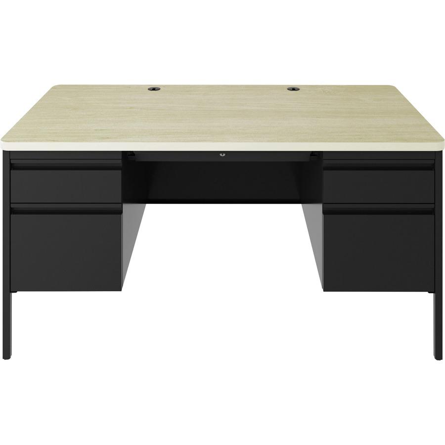 Lorell Fortress Series Double-Pedestal Teachers Desk - 60" x 29.5"30" , 0.8" Modesty Panel - Double Pedestal - T-mold Edge - Material: Steel - Finish: Maple, Black. Picture 5