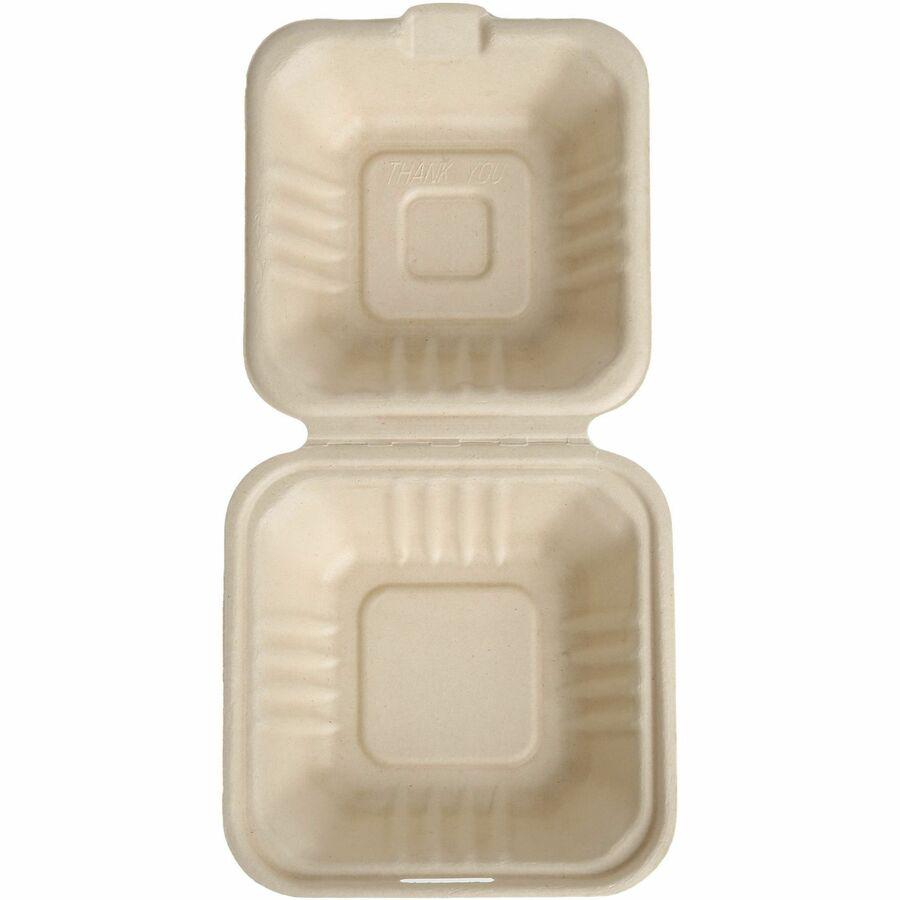 BluTable 21 oz Portable Clamshell Containers - Food Storage, Food - Natural - Molded Fiber, Sugarcane Fiber Body - 500 / Carton. Picture 5
