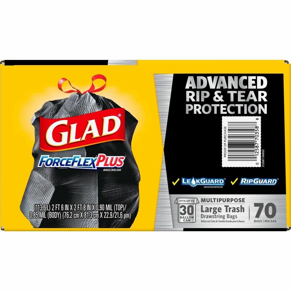 Glad Large Drawstring Trash Bags - ForceFlexPlus - 30 gal Capacity - 30" Width x 32" Length - 1.05 mil (27 Micron) Thickness - Black - 70/Carton - Office Waste. Picture 11