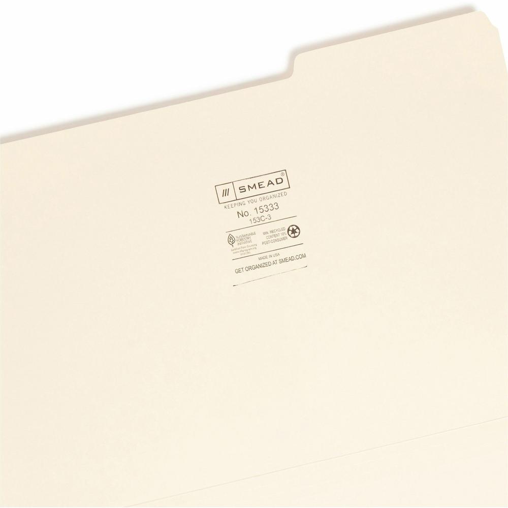 Smead 1/3 Tab Cut Legal Recycled Top Tab File Folder - 8 1/2" x 14" - 3/4" Expansion - Top Tab Location - Third Tab Position - Manila - 10% Recycled - 100 / Box. Picture 9