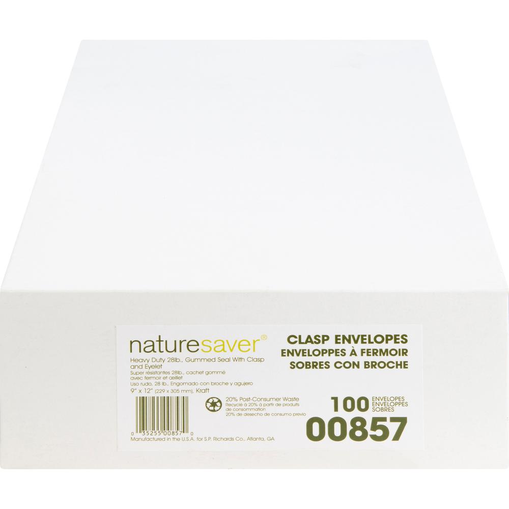 Nature Saver Recycled Clasp Envelopes - Clasp - #90 - 9" Width x 12" Length - 28 lb - Clasp - Kraft - 100 / Box - Yellow. Picture 3