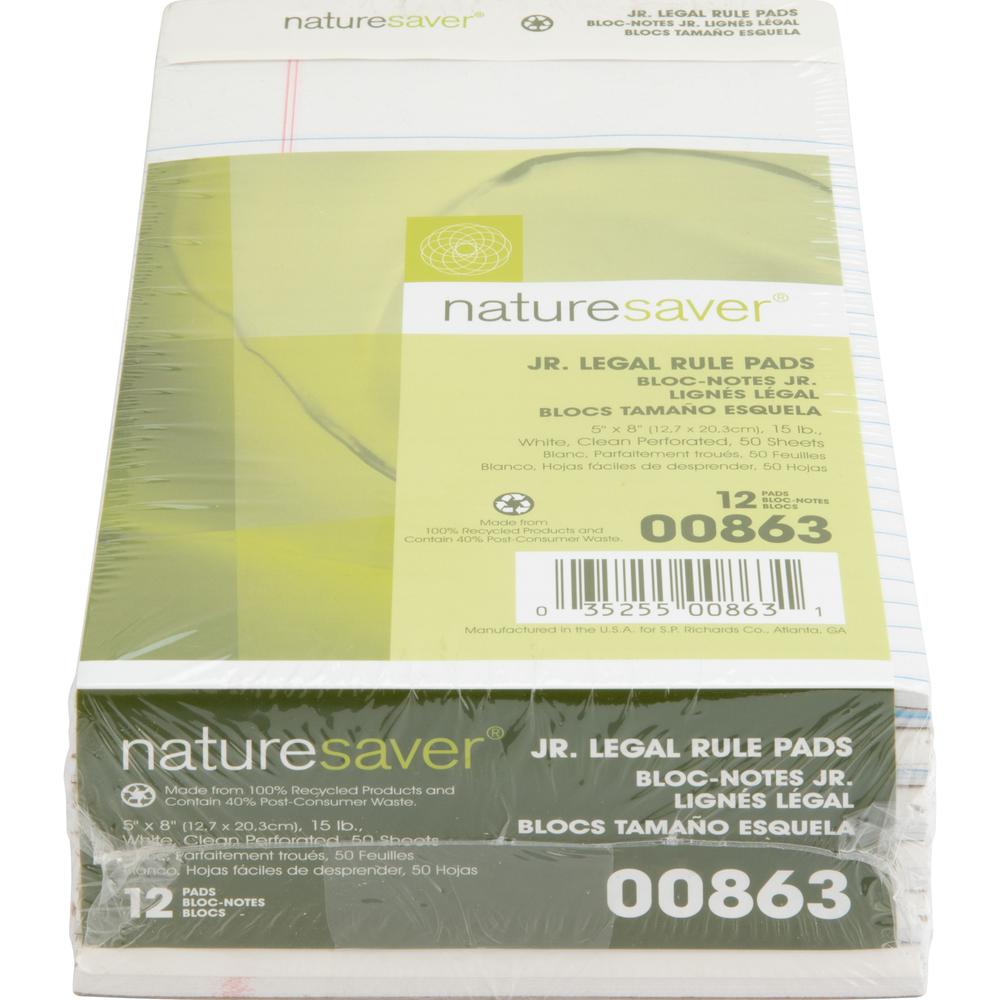 Nature Saver 100% Recycled White Jr. Rule Legal Pads - Jr.Legal - 50 Sheets - 0.28" Ruled - 15 lb Basis Weight - Jr.Legal - 5" x 8" - White Paper - Perforated, Back Board - Recycled - 1 Dozen. Picture 5