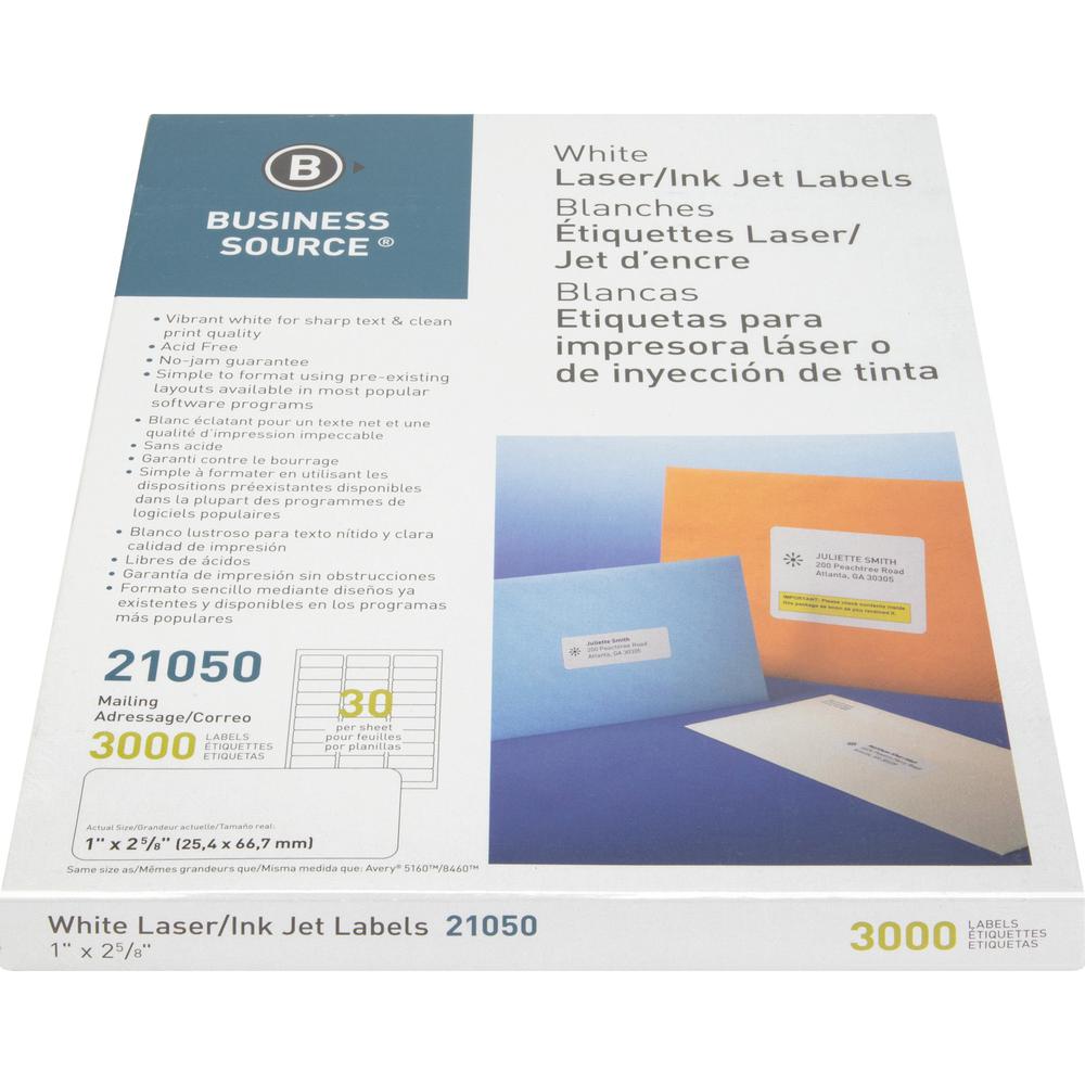 Business Source Bright White Premium-quality Address Labels - 1" Width x 2 5/8" Length - Permanent Adhesive - Rectangle - Laser, Inkjet - White - 30 / Sheet - 100 Total Sheets - 3000 / Pack - Jam-free. Picture 10