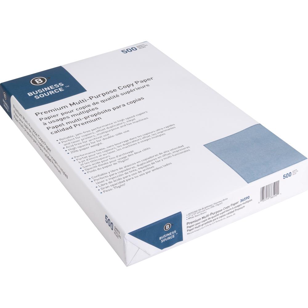 Business Source Premium Multipurpose Copy Paper - 92 Brightness - Ledger/Tabloid - 11" x 17" - 20 lb Basis Weight - 2500 / Carton - Acid-free - White. Picture 2