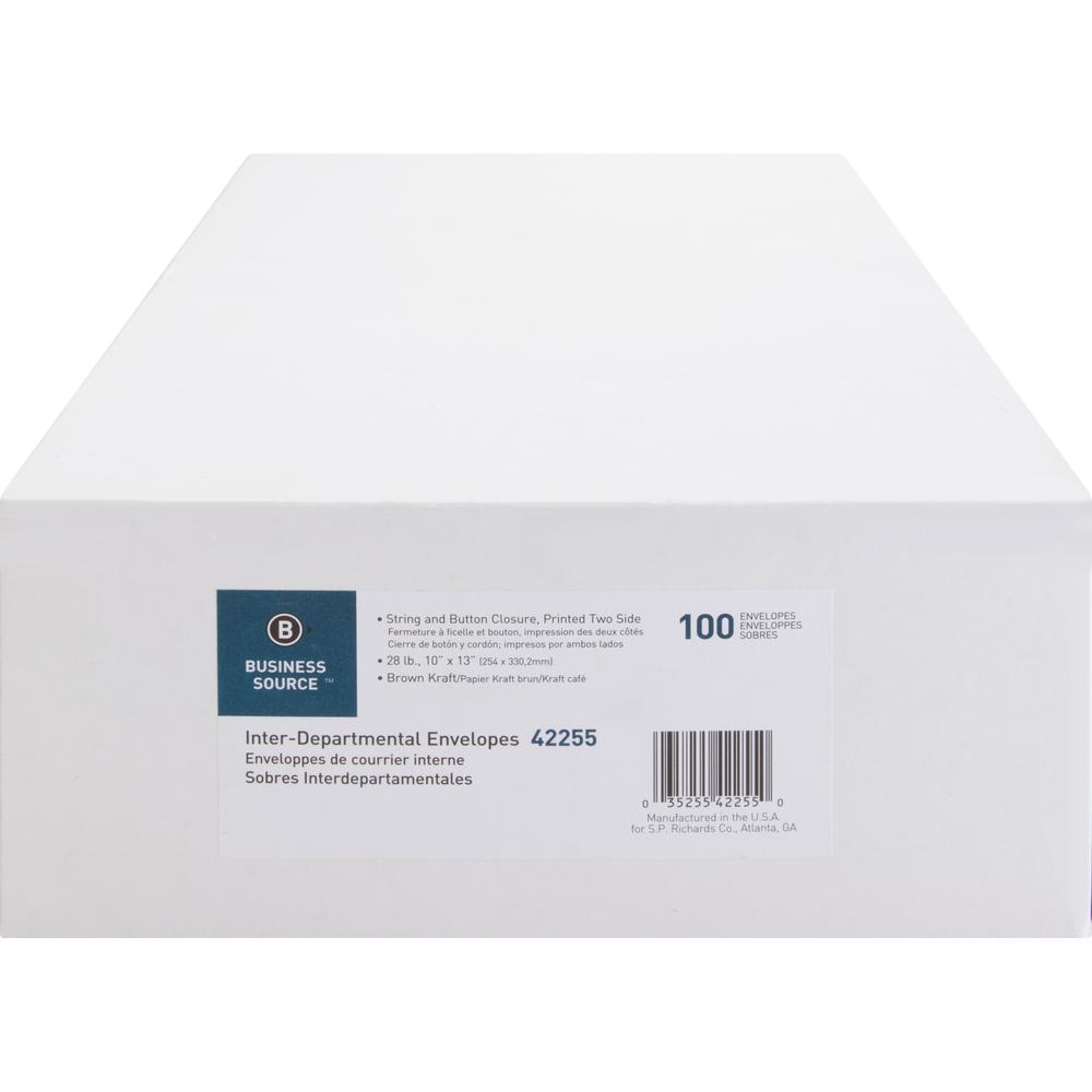 Business Source 2-sided Inter-Department Envelopes - Inter-department - 10" Width x 13" Length - 28 lb - String/Button - Kraft - 100 / Box - Kraft. Picture 6