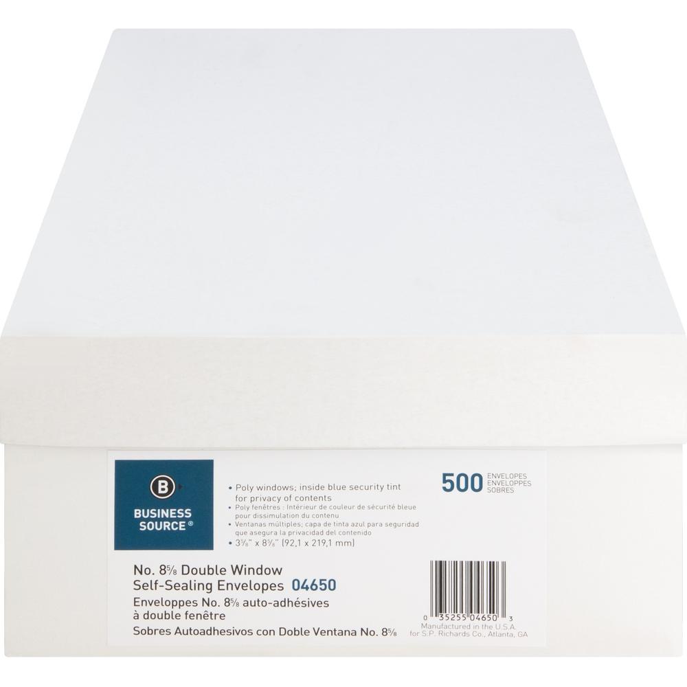 Business Source Double Window No. 8-5/8 Check Envelopes - Double Window - #8 5/8 - 8 5/8" Width x 3 5/8" Length - 24 lb - Self-sealing - 500 / Box - White. Picture 11