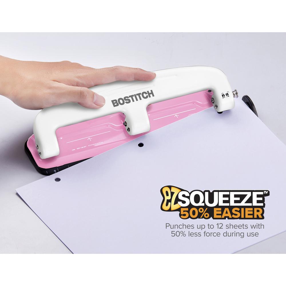 Bostitch EZ Squeeze&trade; InCourage 12 Three-Hole Punch - 3 Punch Head(s) - 12 Sheet - 9/32" Punch Size - Round Shape - 3" x 1.6" - Pink, White. Picture 10