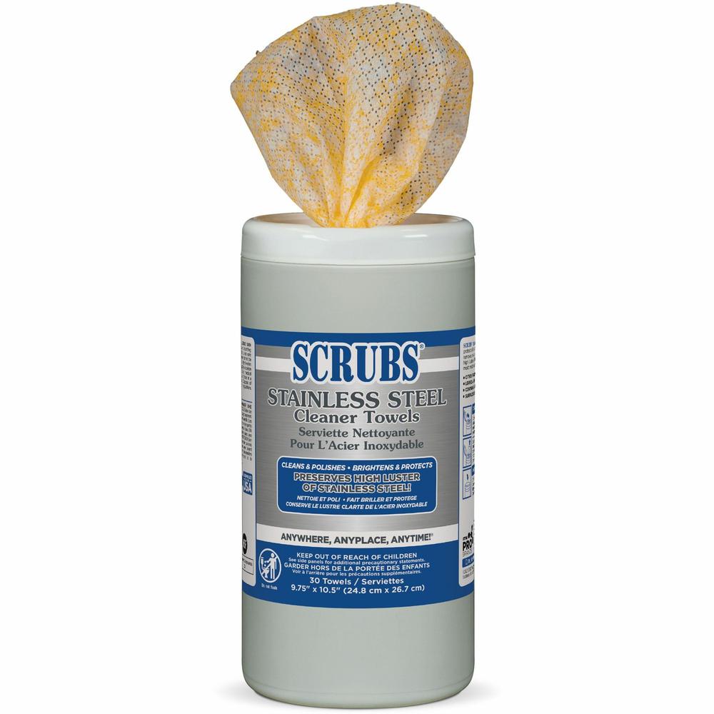 SCRUBS Stainless Steel Cleaner Wipes - For Stainless Steel, Aluminum, Chrome, Copper, Brass, Bathroom, Elevator, Kitchen - Citrus Scent - 10.50" Length x 9.75" Width - 30 / Canister - 1 Each - Corrosi. Picture 3