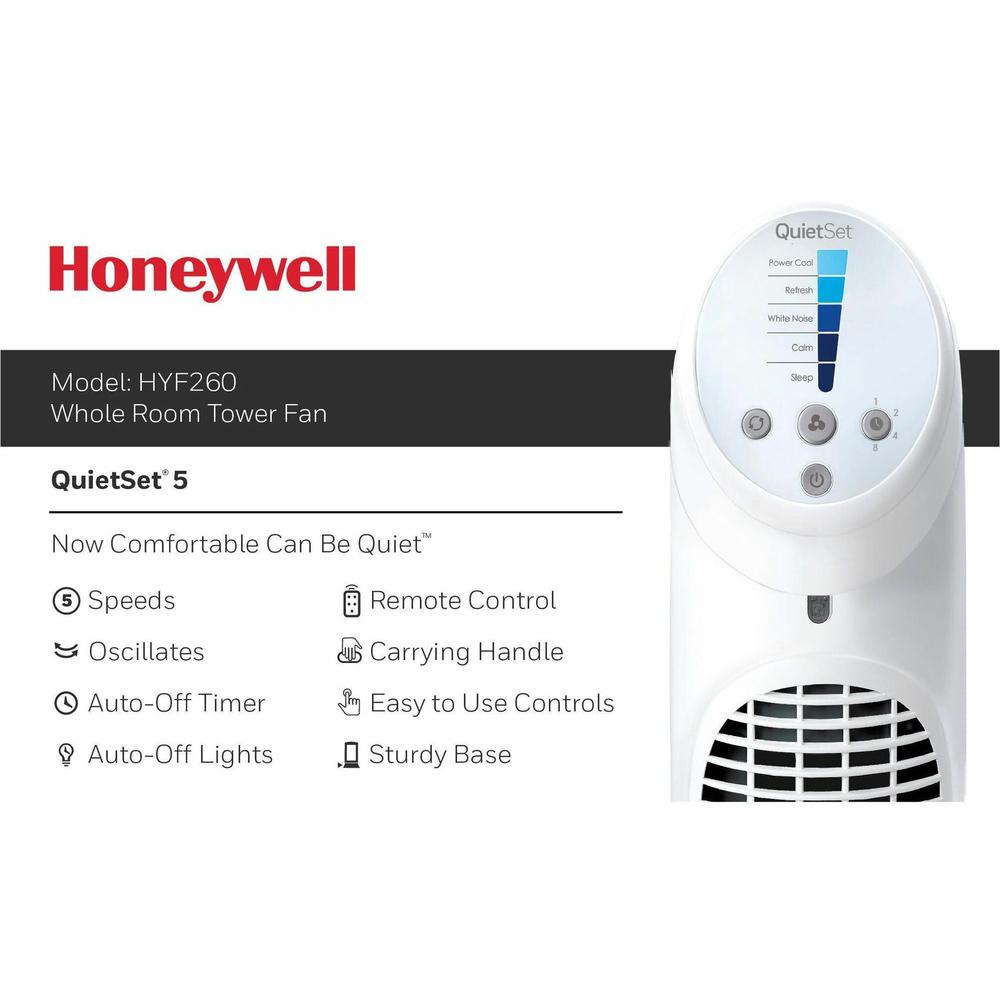 Honeywell QuietSet 5 Tower Fan - 5 Speed - Oscillating, Remote, Timer-off Function, Quiet, Sturdy, Electronic Control Panel, Touch Operation - 40" Height x 8.3" Width x 10.8" Depth - Plastic - White. Picture 5