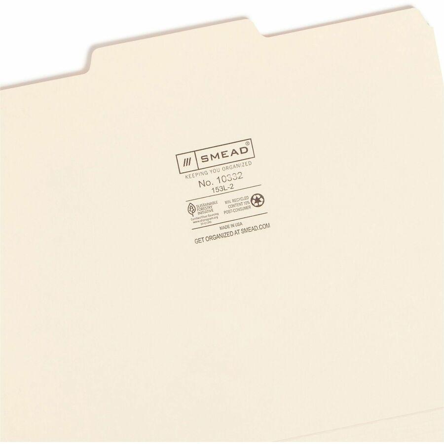 Smead 1/3 Tab Cut Letter Recycled Top Tab File Folder - 8 1/2" x 11" - 3/4" Expansion - Top Tab Location - Center Tab Position - Manila - Manila - 10% Recycled - 100 / Box. Picture 9