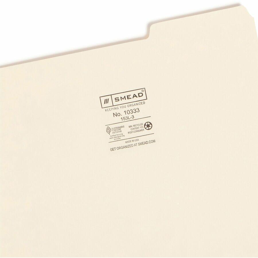 Smead 1/3 Tab Cut Letter Recycled Top Tab File Folder - 8 1/2" x 11" - 3/4" Expansion - Top Tab Location - Right Tab Position - Manila - 10% Recycled - 100 / Box. Picture 10