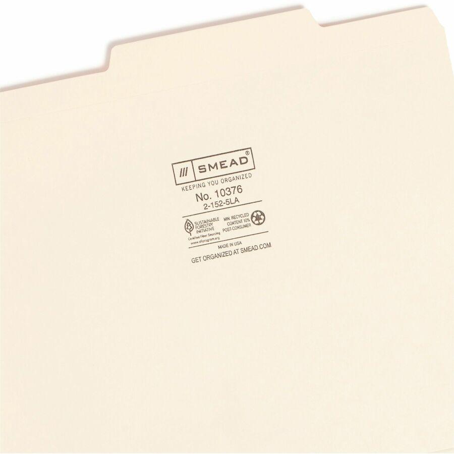 Smead 2/5 Tab Cut Letter Recycled Top Tab File Folder - 8 1/2" x 11" - 3/4" Expansion - Top Tab Location - Right of Center Tab Position - Manila - Manila - 10% Recycled - 100 / Box. Picture 8