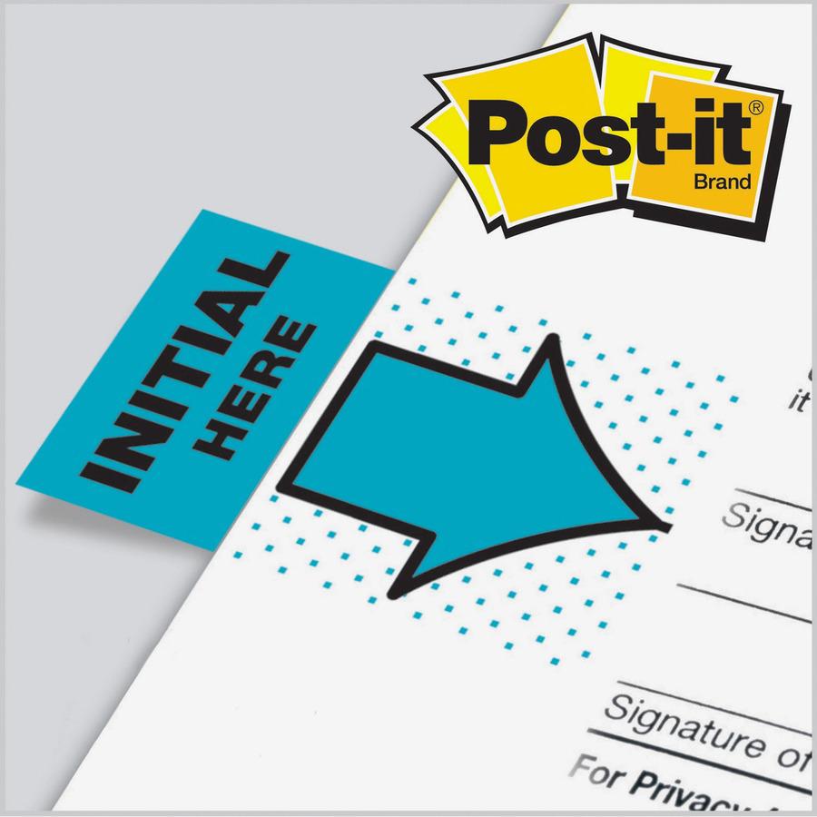Post-it&reg; Message Flags - 100 - 1" x 1 3/4" - Arrow, Rectangle - Unruled - "Initial Here" - Blue - Removable, Self-adhesive - 1 / Pack. Picture 3
