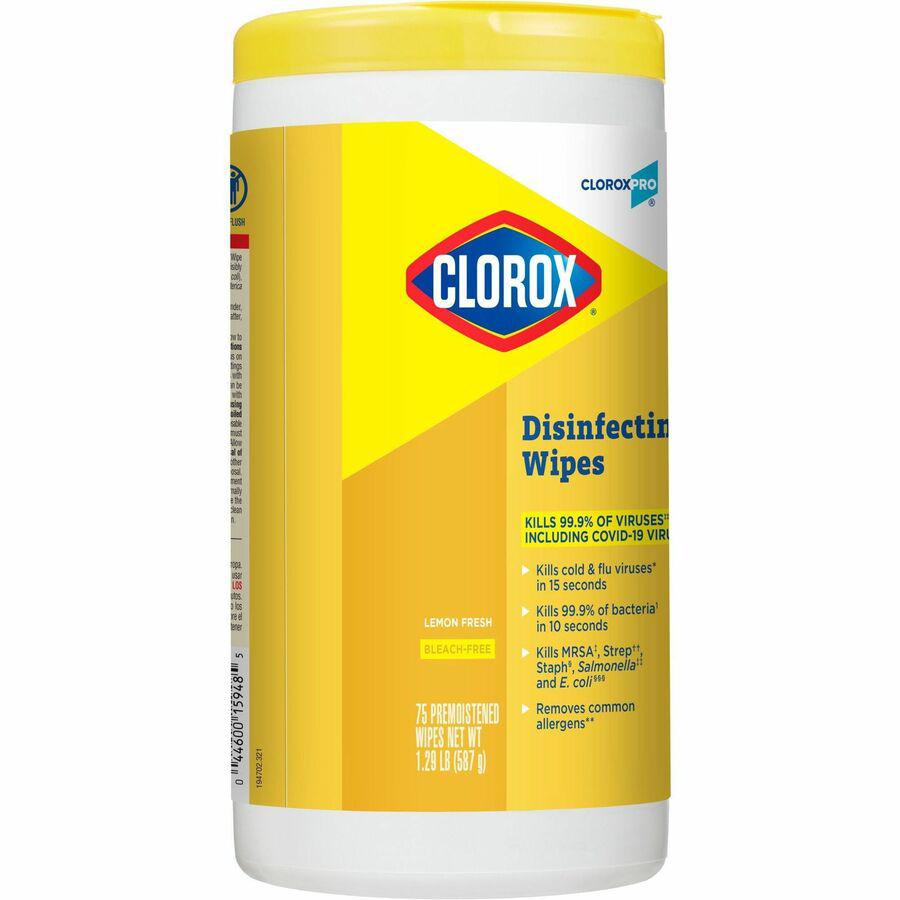CloroxPro&trade; Disinfecting Wipes - For Multipurpose - Ready-To-Use - Lemon Fresh Scent - 75 / Canister - 6 / Carton - Pleasant Scent, Disinfectant, Pre-moistened, Textured, Streak-free, Bleach-free. Picture 18