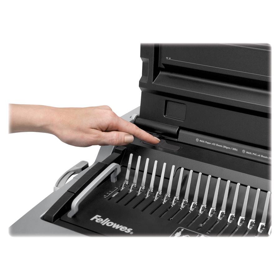 Fellowes Galaxy-E&trade; 500 Electric Comb Binding Machine w/ Starter Kit - CombBind - 500 Sheet(s) Bind - 28 Punch - Letter - 6.5" x 19.6" x 17.8" - Metallic Silver, Black. Picture 7