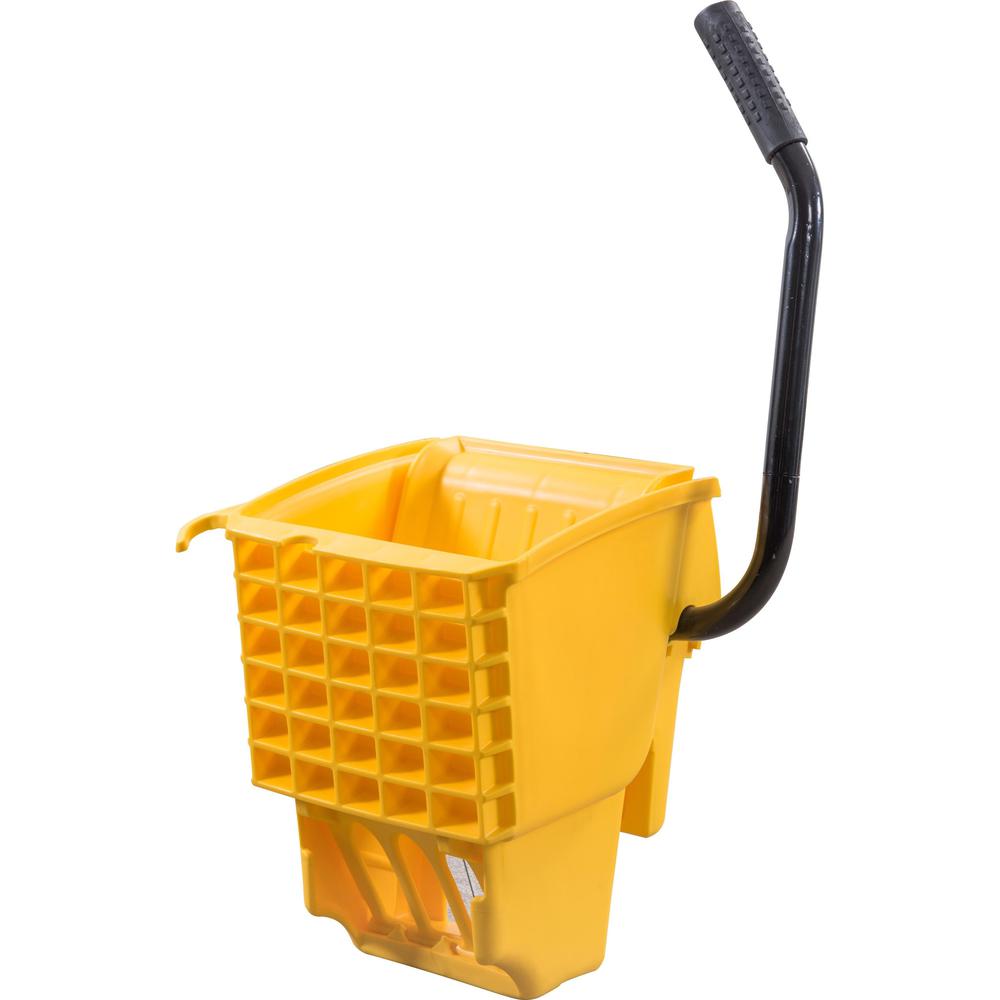 Genuine Joe Splash Shield Mop Bucket/Wringer - 6.50 gal - Wringer, Caution Sign, Handle, Measurement Marking, Caster, Putty Knife Holder, Mop Stick Holder - Plastic, Metal - Black, Yellow - 1 Each. Picture 4