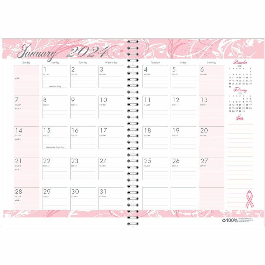 House of Doolittle BCA Pink Cover Monthly Wirebound Journal - Julian Dates - Monthly - 12 Month - January 2024 - December 2024 - 1 Month Single Page Layout - 7" x 10" Sheet Size - 1.38" x 1.75" Block . Picture 7