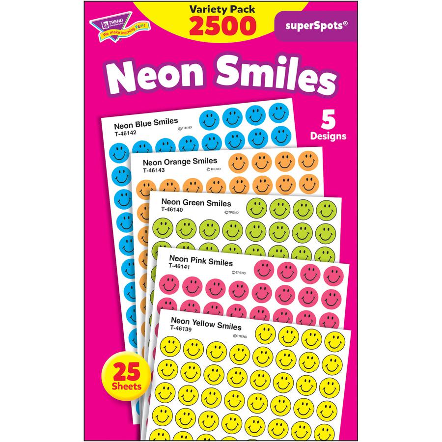 Trend superSpots Neon Smiles Stickers Variety Pack - Acid-free, Non-toxic - Neon Green, Neon Yellow, Neon Orange, Neon Blue, Neon Pink - 2500 / Pack. Picture 2