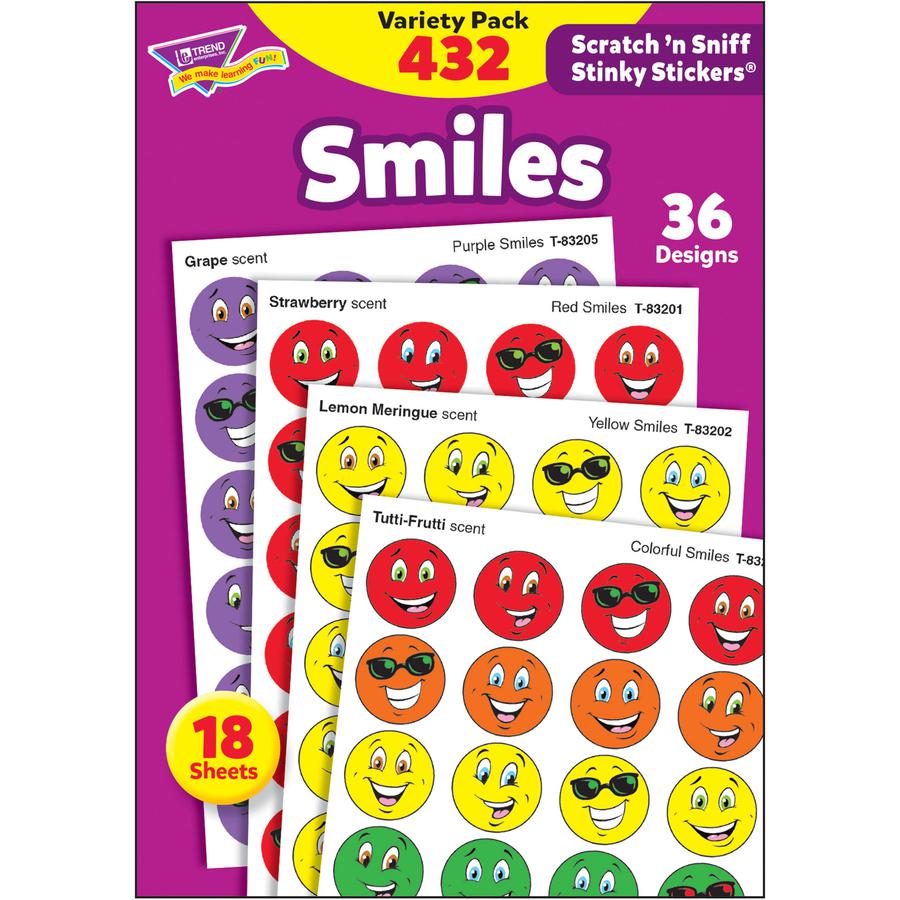 Trend Smiles Stinky Stickers Variety Pack - Scented, Acid-free, Non-toxic, Photo-safe - Red, Yellow, Purple, Orange, Green, Blue - 432 / Pack. Picture 4