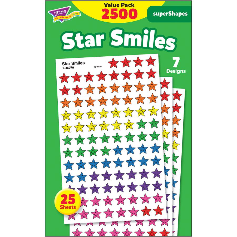 Trend Super Shapes Star Smiles Stickers - 2500 x Star Shape - Self-adhesive - Acid-free, Non-toxic, Photo-safe - Assorted - 2500 / Pack. Picture 2