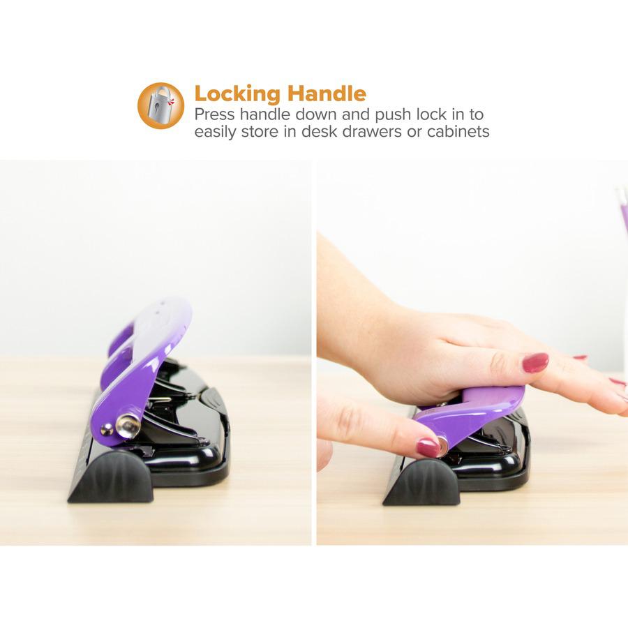 Bostitch EZ Squeeze&trade; 12 Three-Hole Punch - 3 Punch Head(s) - 12 Sheet - 9/32" Punch Size - 3" x 1.6" - Purple, Black. Picture 9