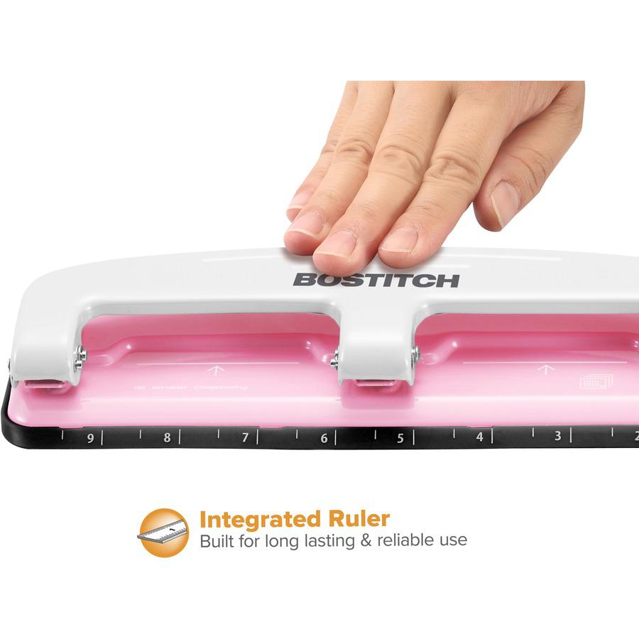 Bostitch EZ Squeeze&trade; InCourage 12 Three-Hole Punch - 3 Punch Head(s) - 12 Sheet - 9/32" Punch Size - Round Shape - 3" x 1.6" - Pink, White. Picture 5