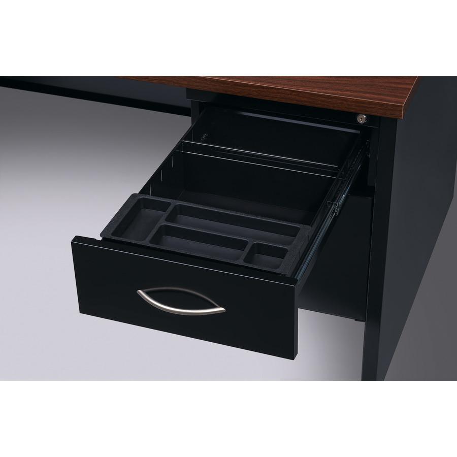 Lorell Walnut Laminate Commercial Steel Desk Series Pedestal Desk - 2-Drawer - 66" x 30" , 1.1" Top - 2 x Box, File Drawer(s) - Single Pedestal on Right Side - Material: Steel - Finish: Walnut Laminat. Picture 7