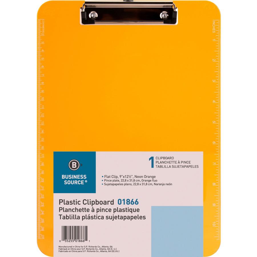 Business Source Flat Clip Clipboard - 9" x 12" - Plastic - Neon Orange - 6 / Bundle. Picture 4
