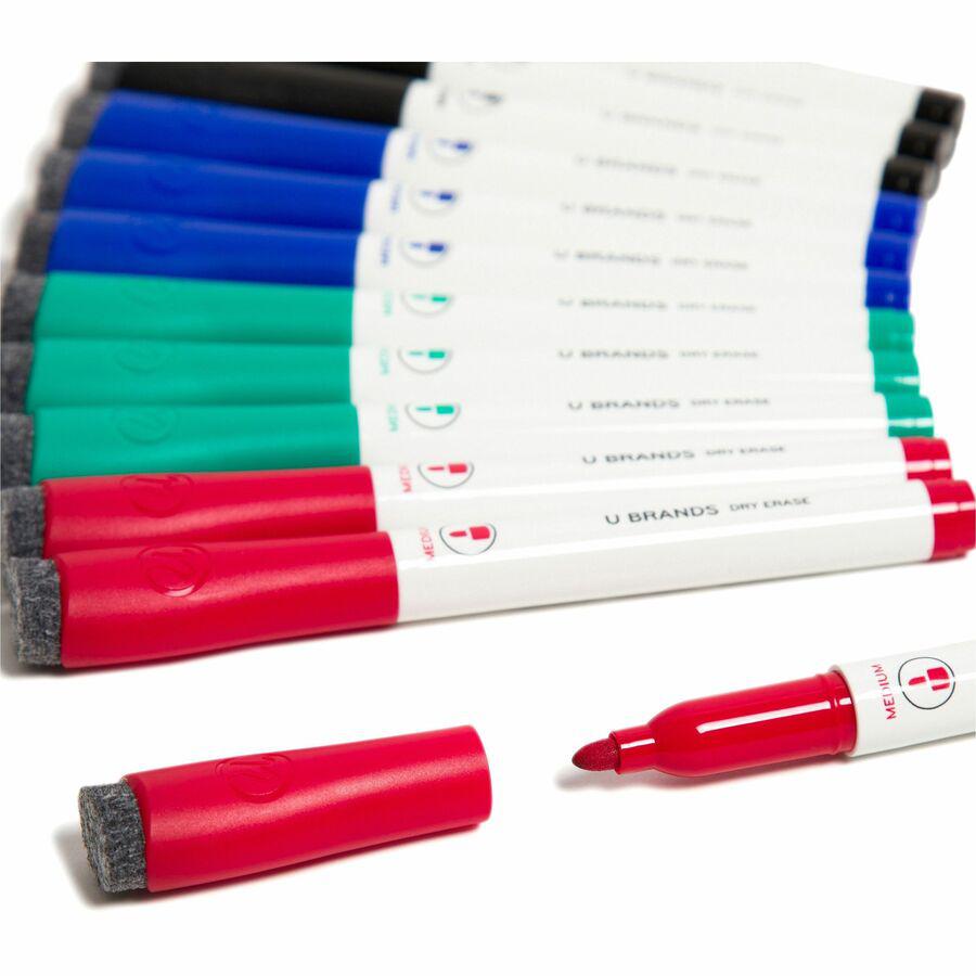 U Brands Low-Odor Dry-Erase Markers with Erasers - Medium Marker Point - Tapered Marker Point Style - Assorted - White Plastic Barrel. Picture 5