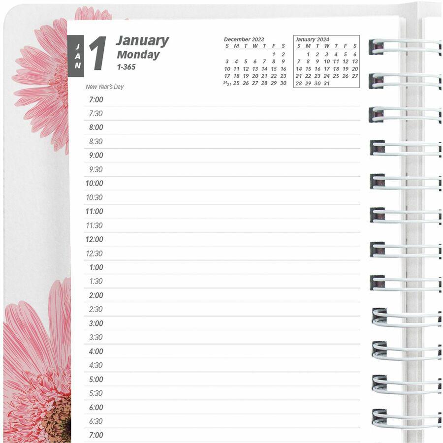 Brownline Essential Daily/Monthly Planner Book - Daily, Monthly - 12 Month - January - December - 7:00 AM to 7:30 PM - Half-hourly - 1 Day Single Page Layout - 8" x 5" Sheet Size - Twin Wire - Pink - . Picture 12