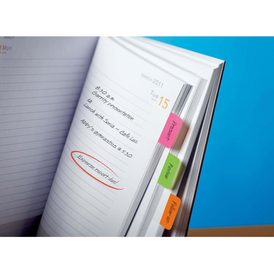 Post-it&reg; Durable Tabs - 1.50" Tab Height x 1" Tab Width - Removable - Pink, Purple, Orange, Semi-transparent Tab(s) - Wear Resistant, Tear Resistant, Durable, Repositionable, Writable, Removable, . Picture 4