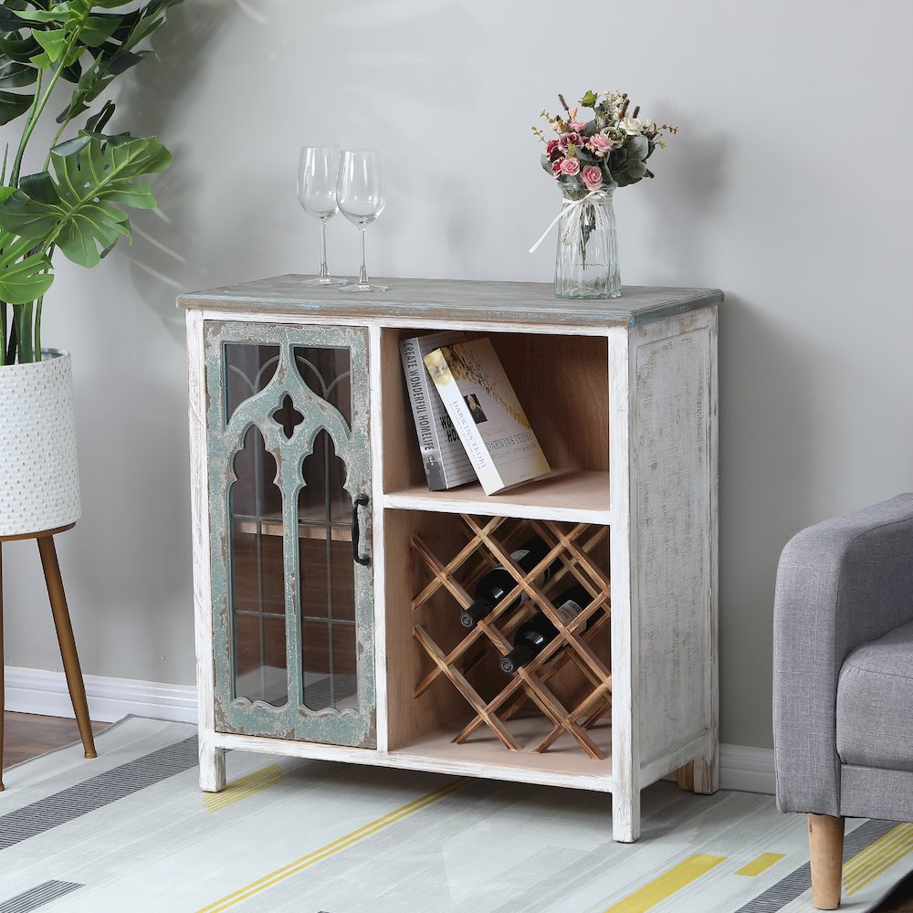 Distressed White and Gray Wood 1-Door Storage Wine Cabinet. Picture 2
