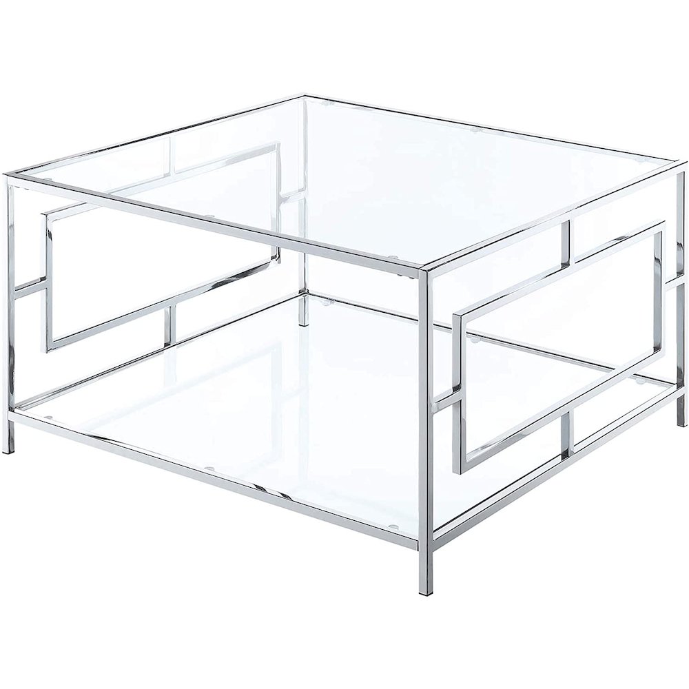 Town Square Chrome Square Coffee Table with Shelf, Clear Glass/Chrome Frame. Picture 2