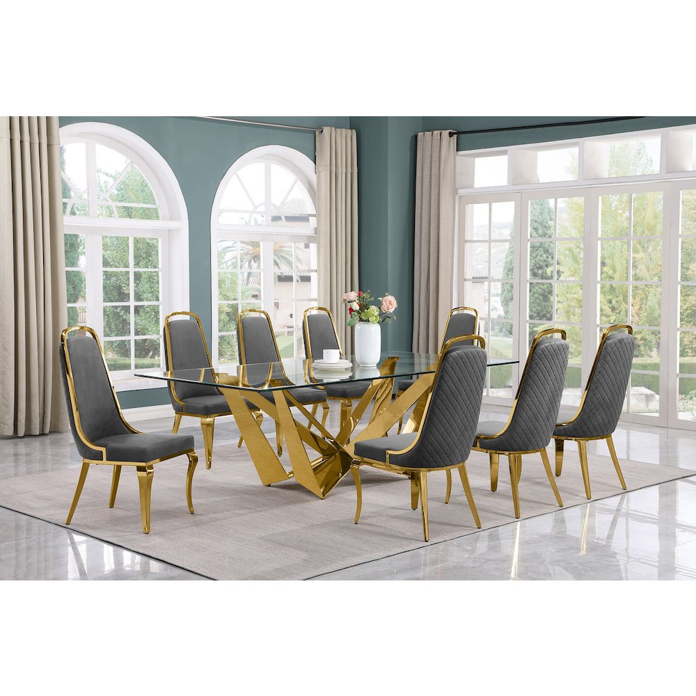 9pc Large(94") glass dining set with gold base and 8 Dark grey side chairs. Picture 4